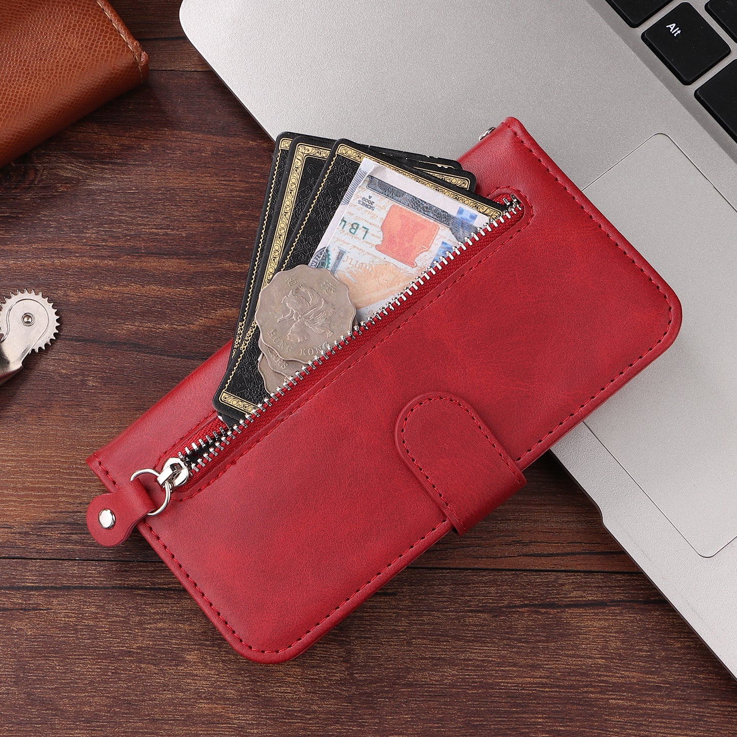 For-Xiaomi-Redmi-15-5G-(Global)-(169mm)-PU-Leather-Cases-with-Zipper-Pocket-Wallet-Phone-Cover-Stand-Red