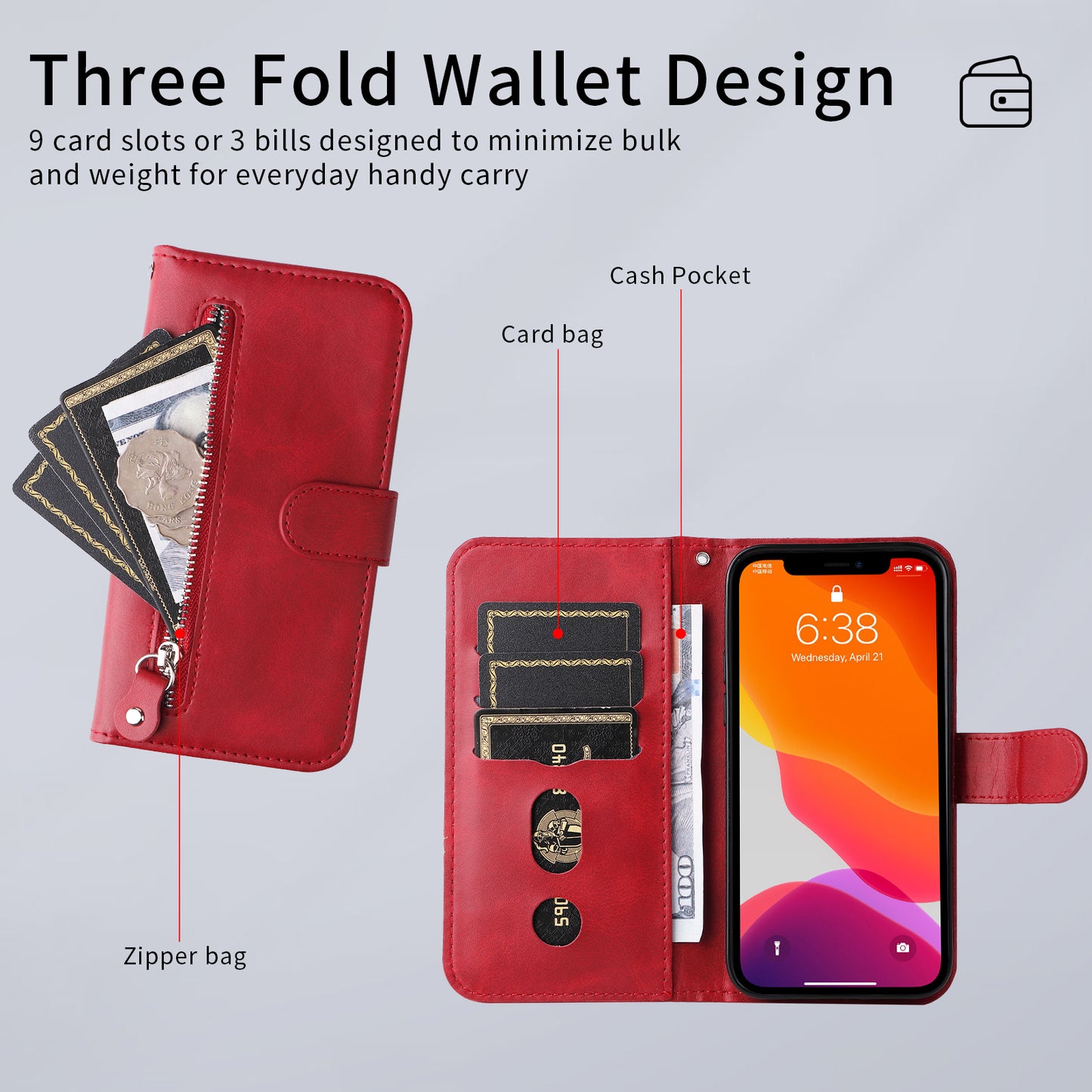 For-Xiaomi-Redmi-15-5G-(Global)-(169mm)-PU-Leather-Cases-with-Zipper-Pocket-Wallet-Phone-Cover-Stand-Red