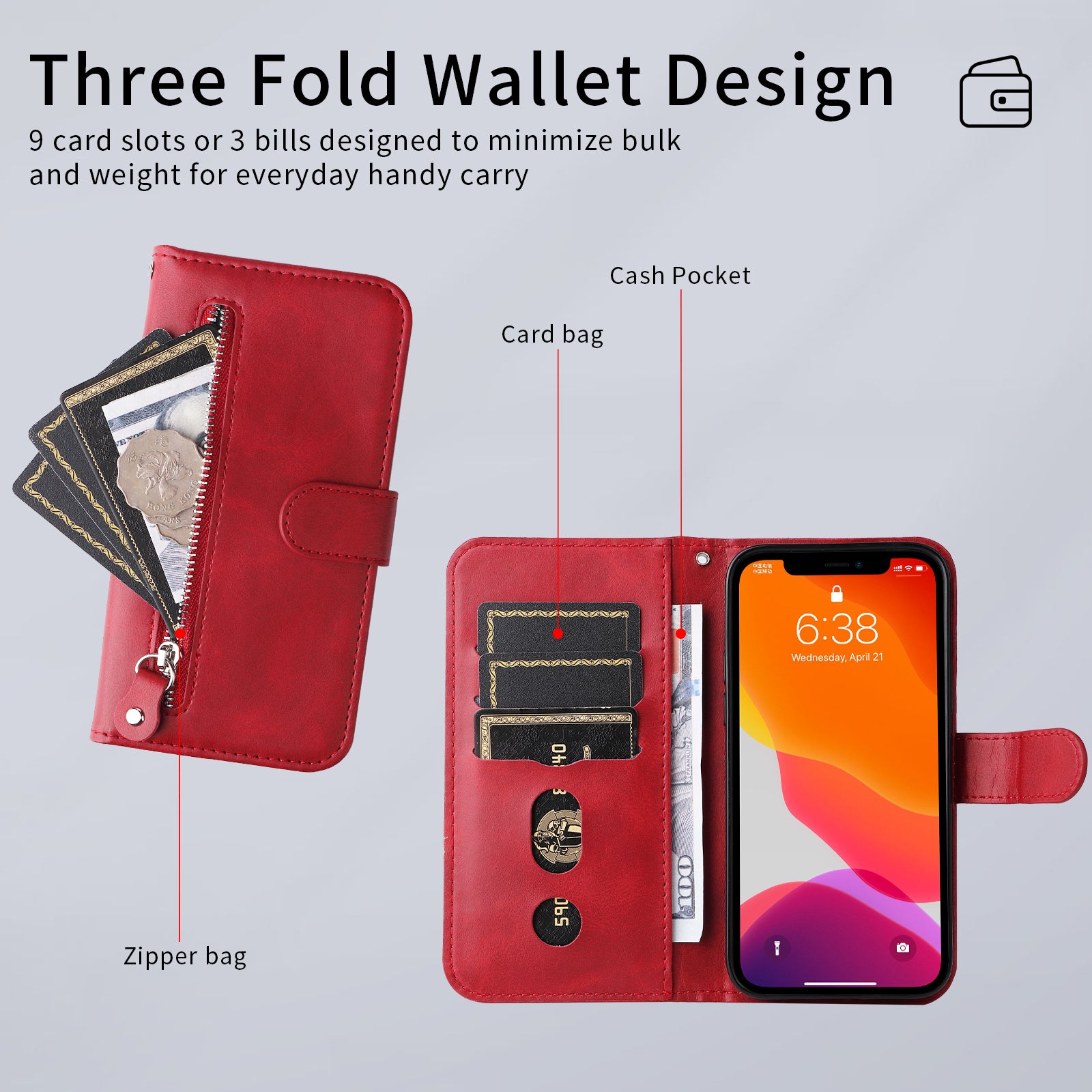 For-Xiaomi-Redmi-15-5G-(Global)-(169mm)-PU-Leather-Cases-with-Zipper-Pocket-Wallet-Phone-Cover-Stand-Red