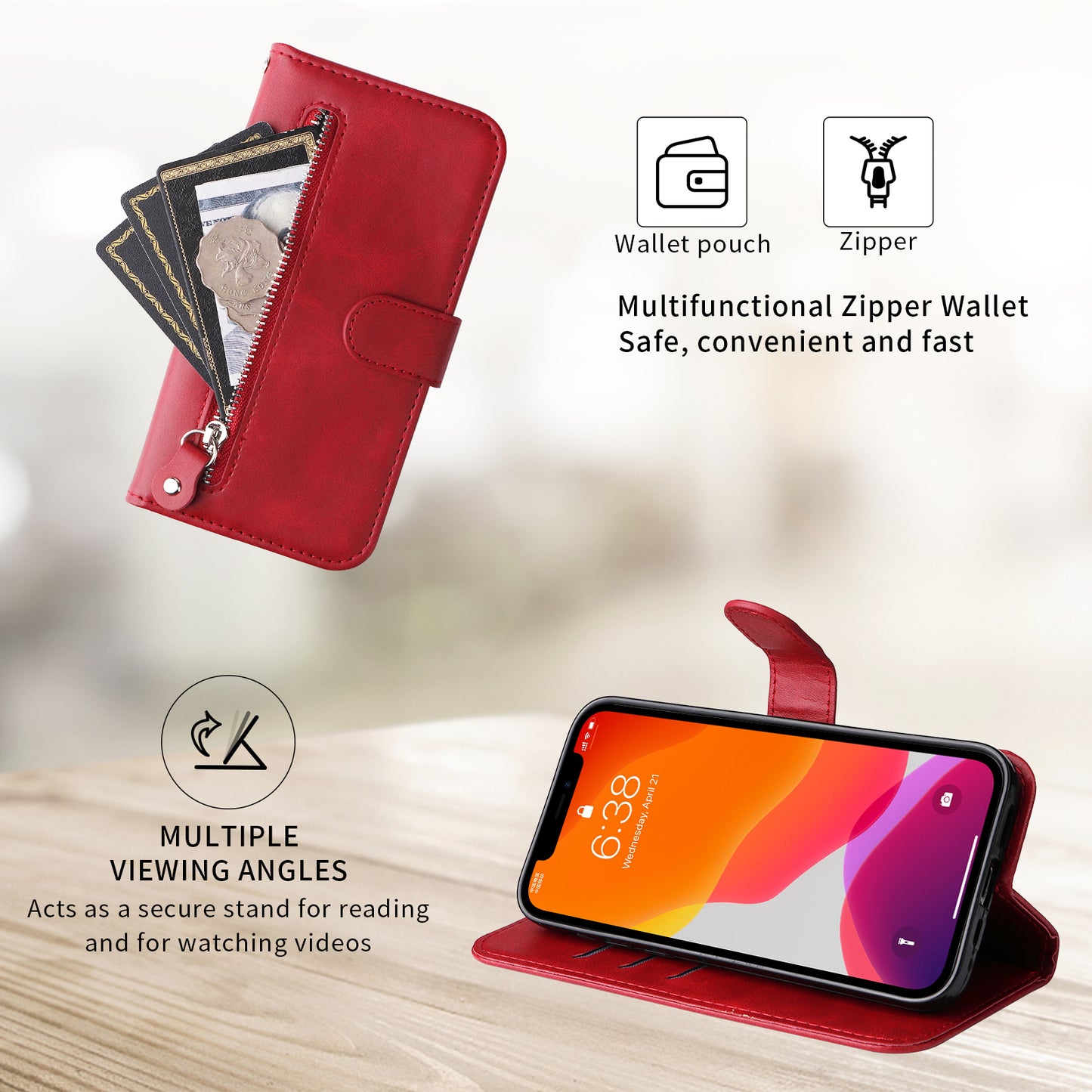 For-Xiaomi-Redmi-15-5G-(Global)-(169mm)-PU-Leather-Cases-with-Zipper-Pocket-Wallet-Phone-Cover-Stand-Red