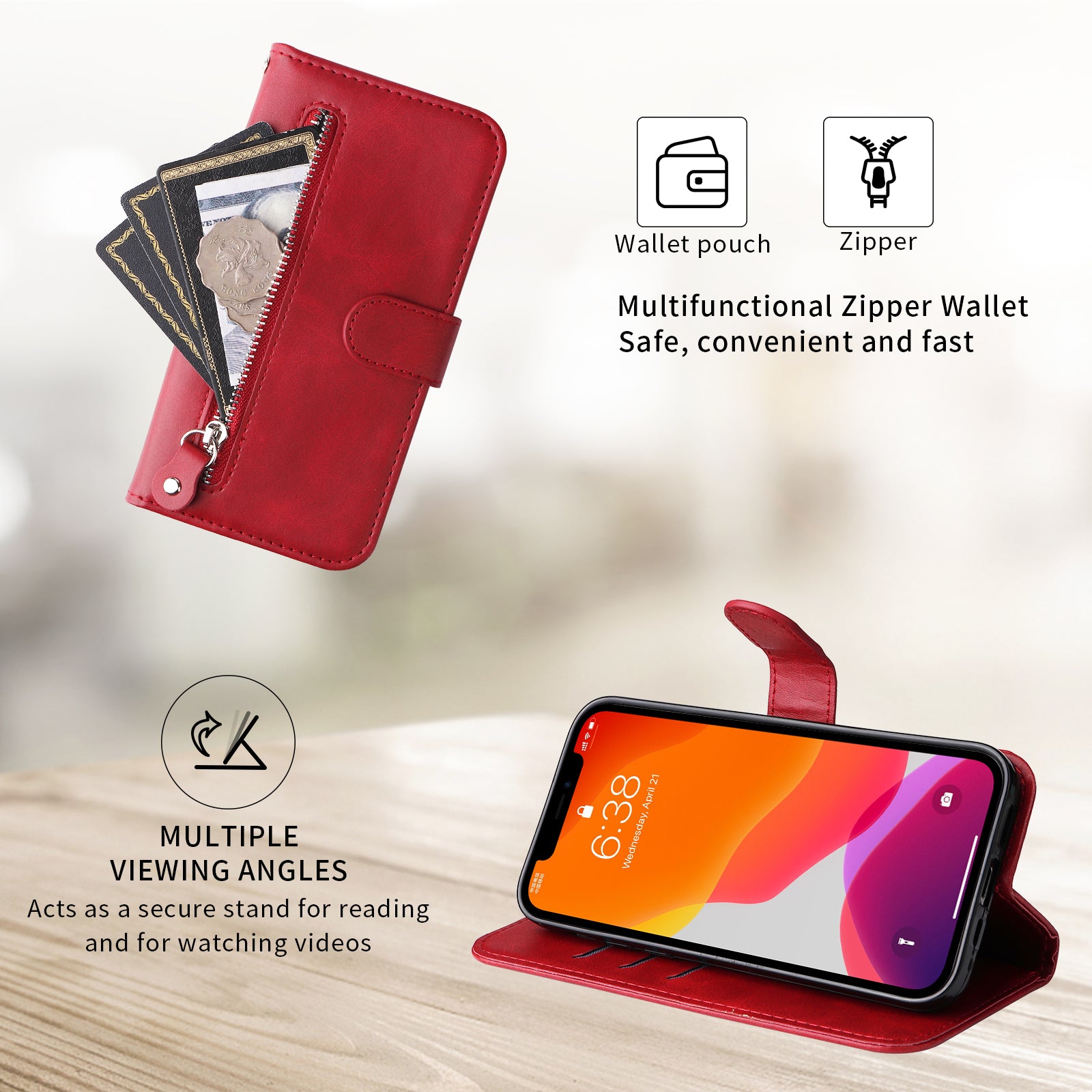 For-Xiaomi-Redmi-15-5G-(Global)-(169mm)-PU-Leather-Cases-with-Zipper-Pocket-Wallet-Phone-Cover-Stand-Red