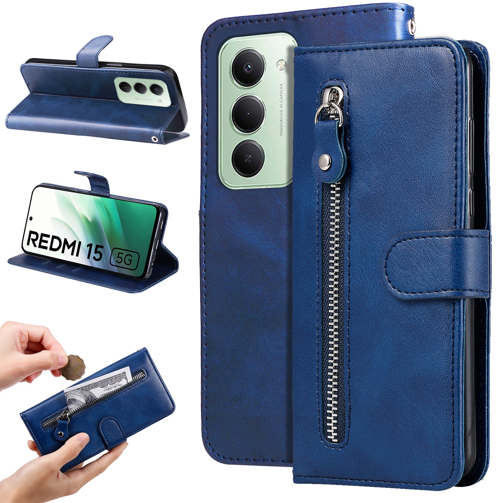 For-Xiaomi-Redmi-15-5G-(Global)-(169mm)-PU-Leather-Cases-with-Zipper-Pocket-Wallet-Phone-Cover-Stand-Blue