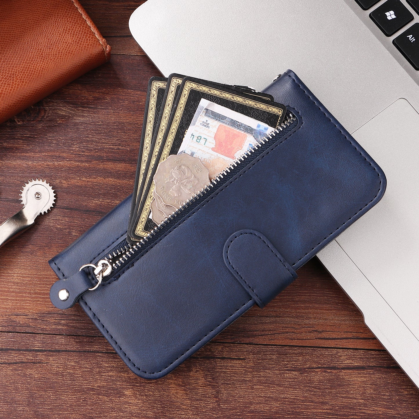 For-Xiaomi-Redmi-15-5G-(Global)-(169mm)-PU-Leather-Cases-with-Zipper-Pocket-Wallet-Phone-Cover-Stand-Blue