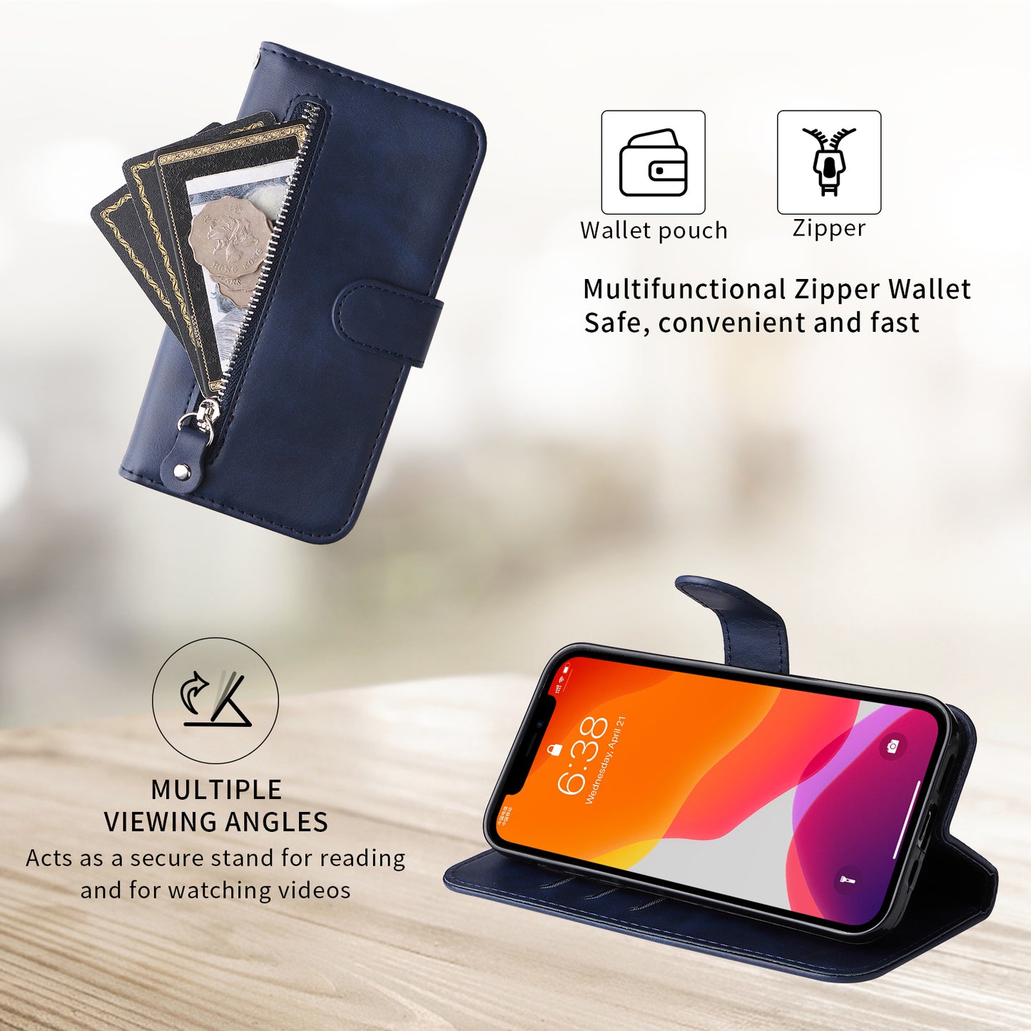 For-Xiaomi-Redmi-15-5G-(Global)-(169mm)-PU-Leather-Cases-with-Zipper-Pocket-Wallet-Phone-Cover-Stand-Blue