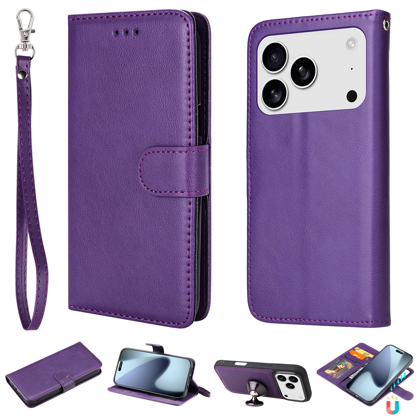For-iPhone-17-Pro-Case-2-in-1-Detachable-Magnetic-Leather-Wallet-Mobile-Cover-with-Strap-Purple