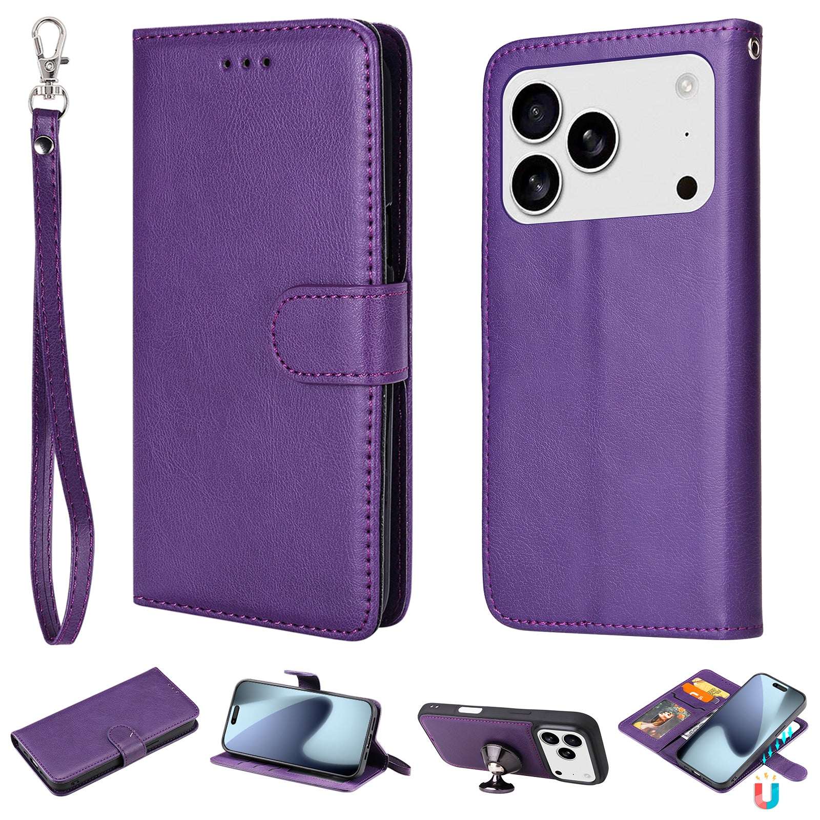 For-iPhone-17-Pro-Case-2-in-1-Detachable-Magnetic-Leather-Wallet-Mobile-Cover-with-Strap-Purple