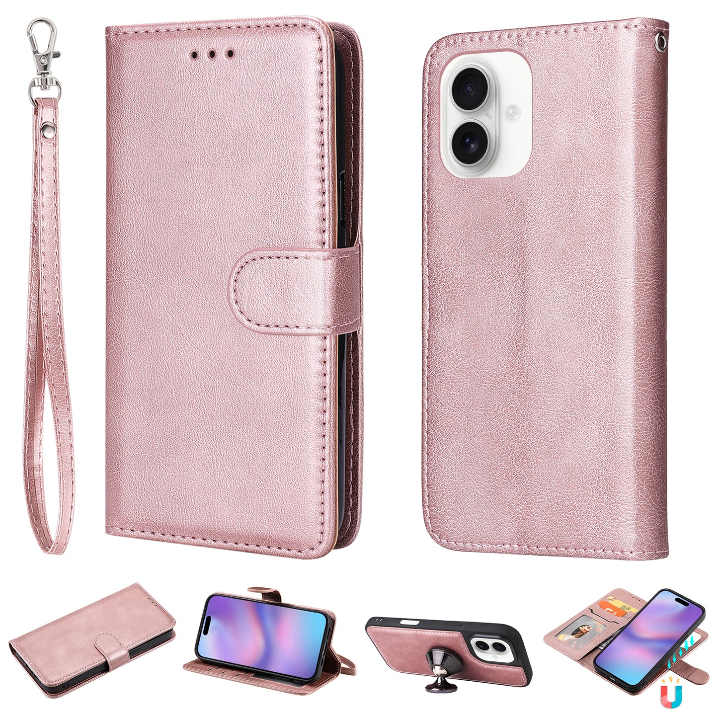 For-iPhone-17-Case-2-in-1-Detachable-Magnetic-Leather-Wallet-Mobile-Cover-with-Strap-Rose-Gold