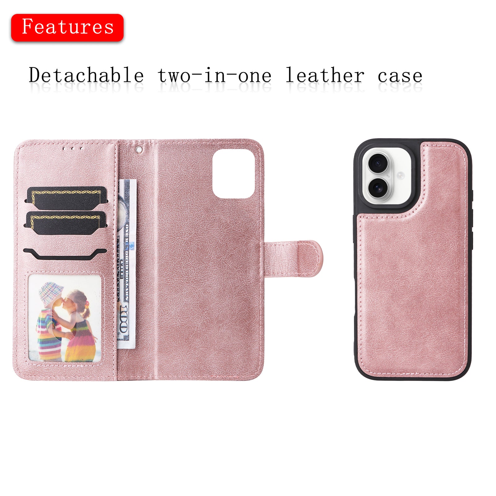 For-iPhone-17-Case-2-in-1-Detachable-Magnetic-Leather-Wallet-Mobile-Cover-with-Strap-Rose-Gold