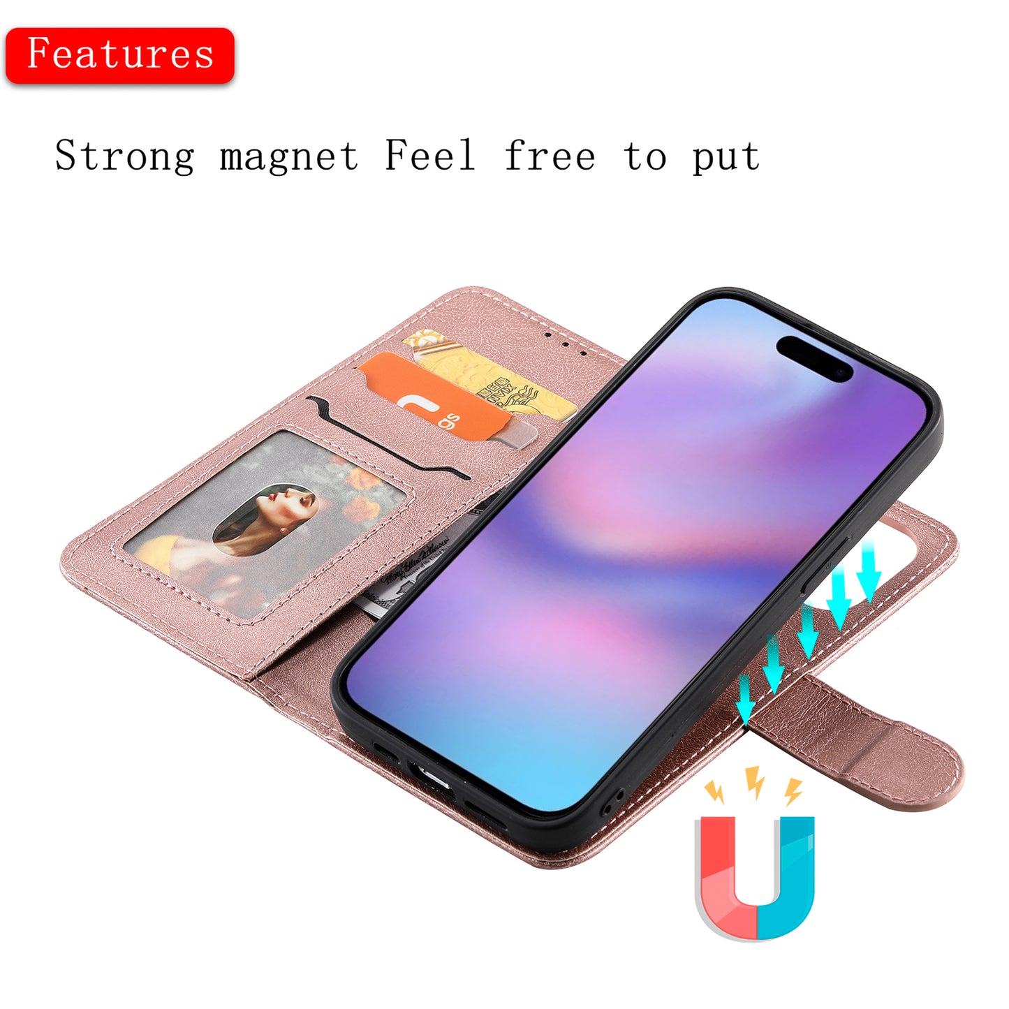 For-iPhone-17-Case-2-in-1-Detachable-Magnetic-Leather-Wallet-Mobile-Cover-with-Strap-Rose-Gold