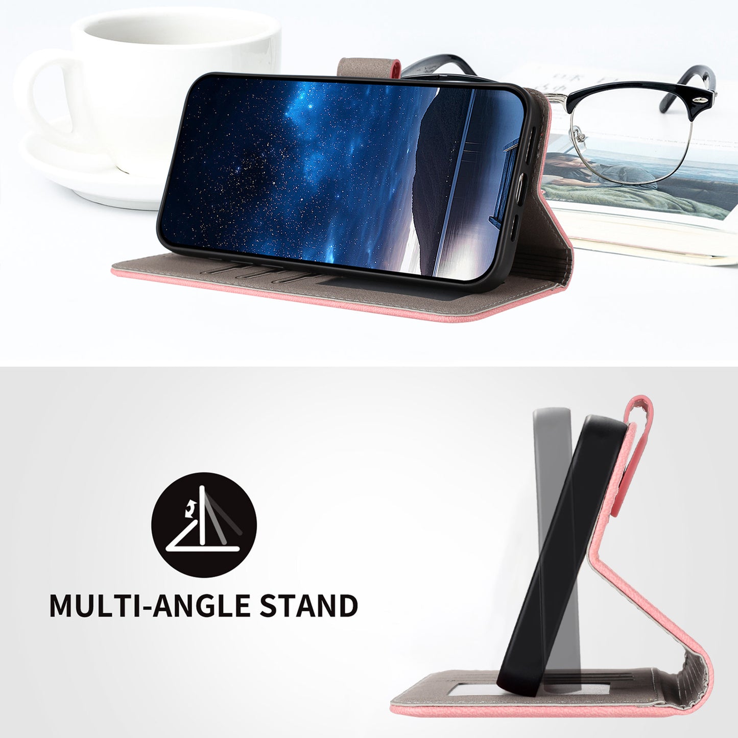 For-iPhone-17-Pro-Max-Leather-Case-Solid-Color-Phone-Cover-with-Wallet-Pink