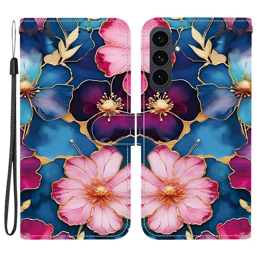 For-Samsung-Galaxy-S25-FE-Wallet-Case-Pattern-Printing-Leather-Stand-Phone-Cover-with-Strap-Blue-Gold-Flower