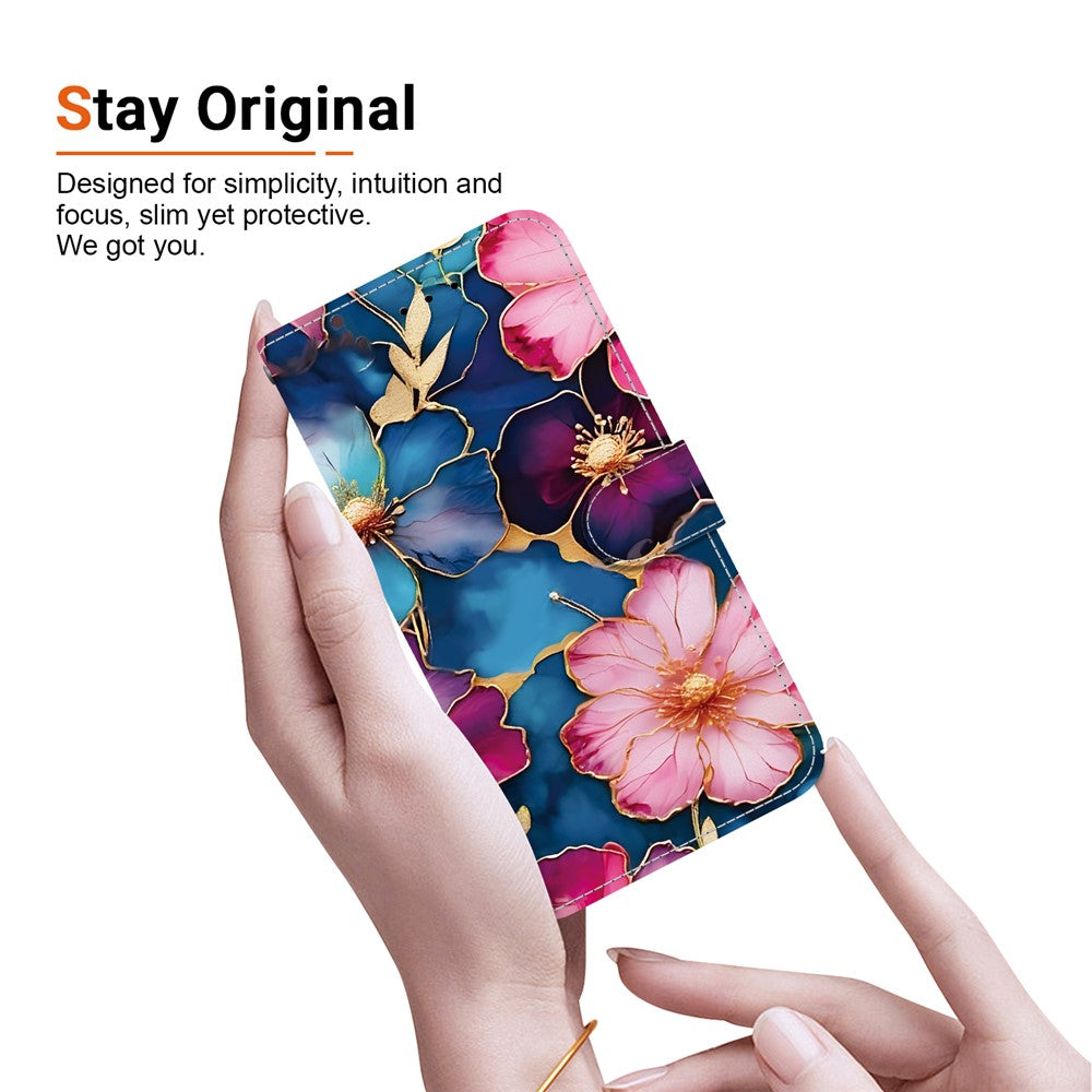 For-Samsung-Galaxy-S25-FE-Wallet-Case-Pattern-Printing-Leather-Stand-Phone-Cover-with-Strap-Blue-Gold-Flower