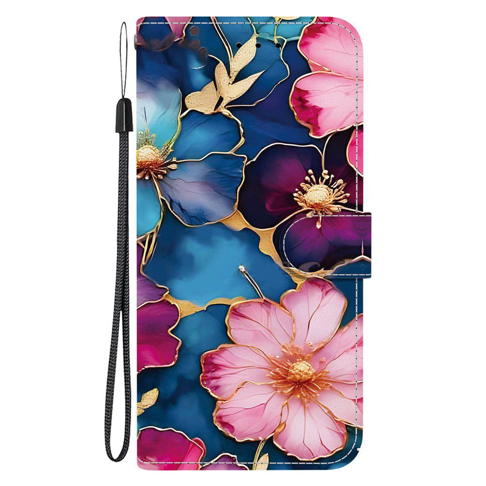 For-Samsung-Galaxy-S25-FE-Wallet-Case-Pattern-Printing-Leather-Stand-Phone-Cover-with-Strap-Blue-Gold-Flower