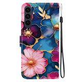 For-Samsung-Galaxy-S25-FE-Wallet-Case-Pattern-Printing-Leather-Stand-Phone-Cover-with-Strap-Blue-Gold-Flower