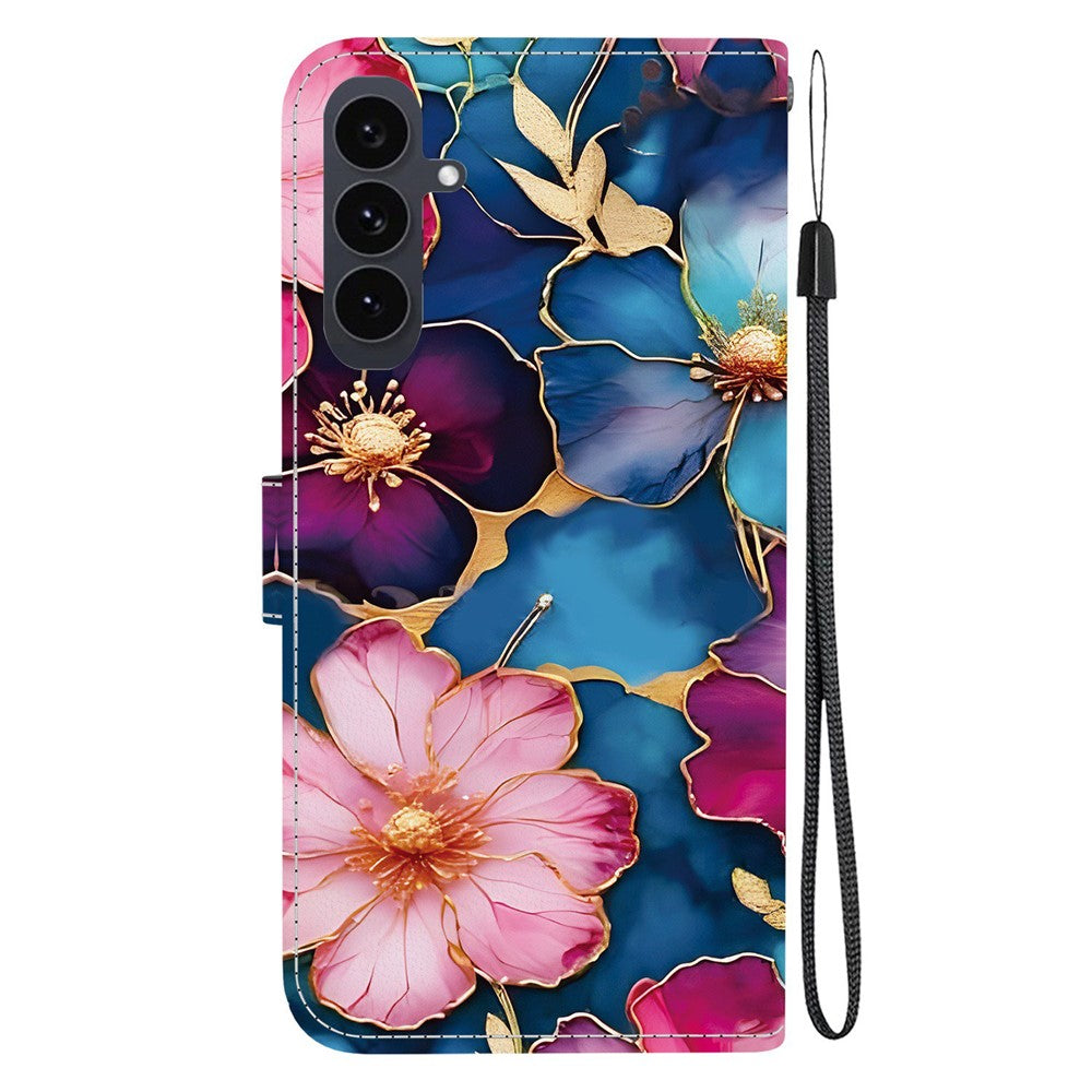 For-Samsung-Galaxy-S25-FE-Wallet-Case-Pattern-Printing-Leather-Stand-Phone-Cover-with-Strap-Blue-Gold-Flower