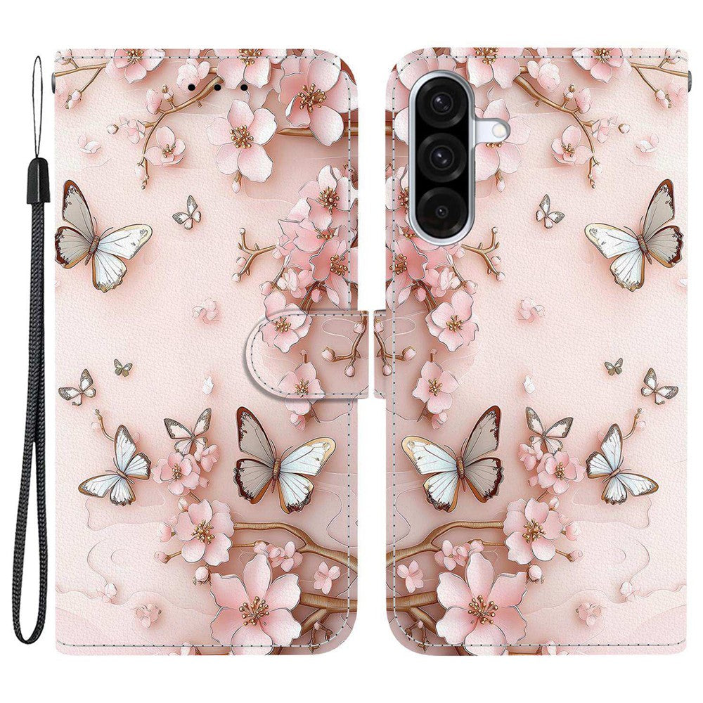 For-Samsung-Galaxy-A56-5G-Wallet-Case-Pattern-Printing-Leather-Stand-Phone-Cover-with-Strap-Pink-Butterfly