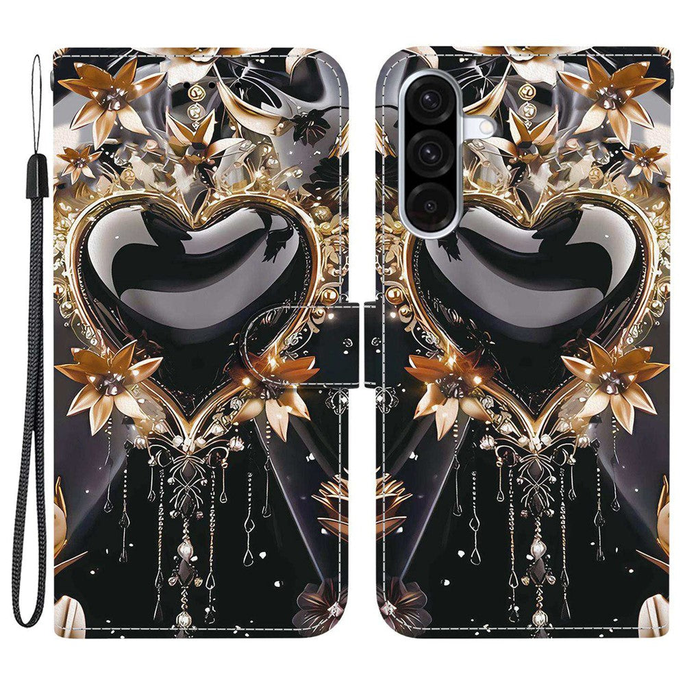 For-Samsung-Galaxy-A56-5G-Wallet-Case-Pattern-Printing-Leather-Stand-Phone-Cover-with-Strap-Black-Gold-Heart