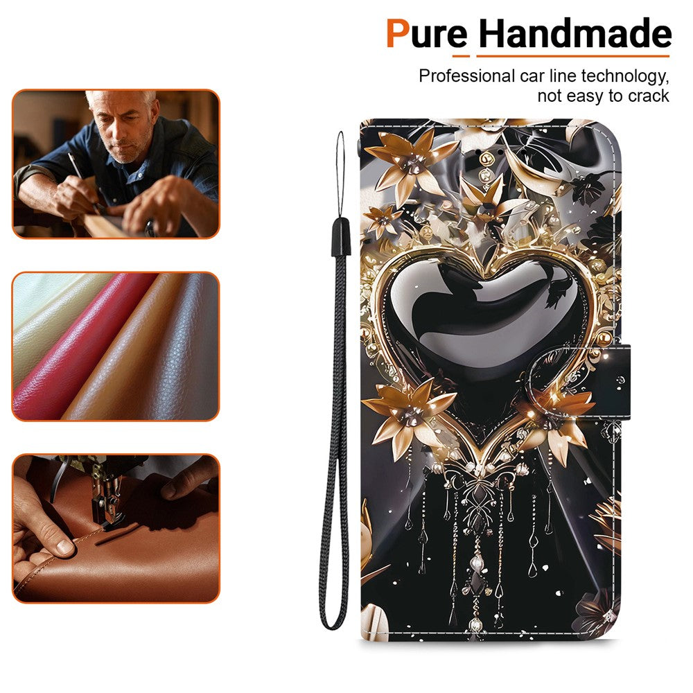 For-Samsung-Galaxy-A56-5G-Wallet-Case-Pattern-Printing-Leather-Stand-Phone-Cover-with-Strap-Black-Gold-Heart