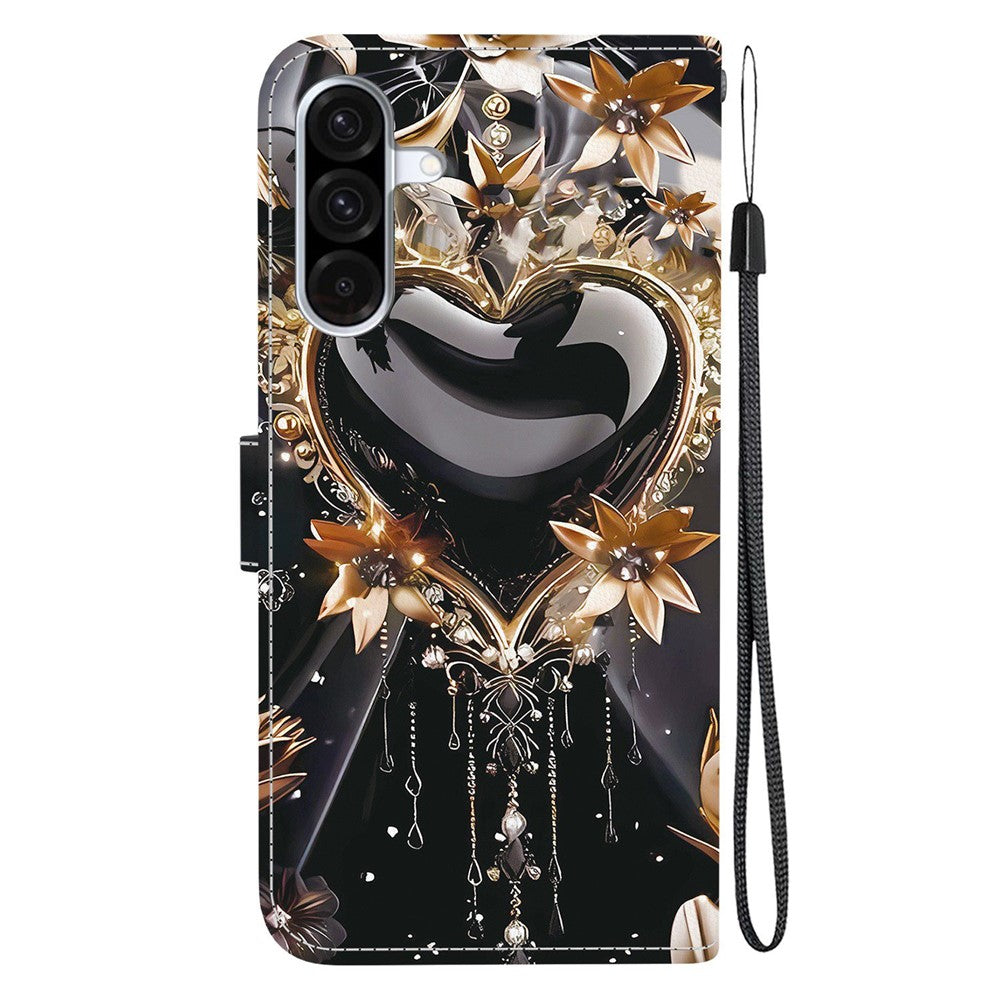 For-Samsung-Galaxy-A56-5G-Wallet-Case-Pattern-Printing-Leather-Stand-Phone-Cover-with-Strap-Black-Gold-Heart