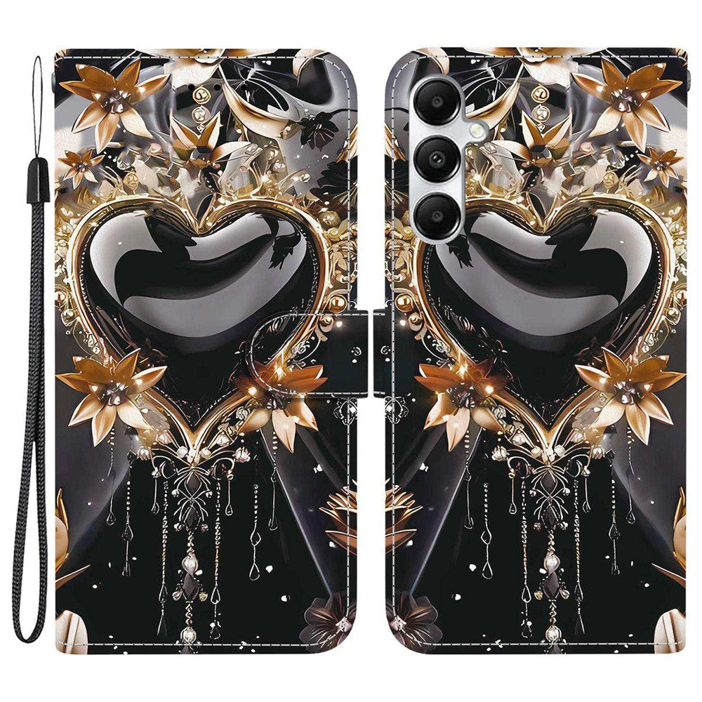 For-Samsung-Galaxy-A17-5G-/-A17-4G-Wallet-Case-Pattern-Printing-Leather-Stand-Phone-Cover-with-Strap-Black-Gold-Heart