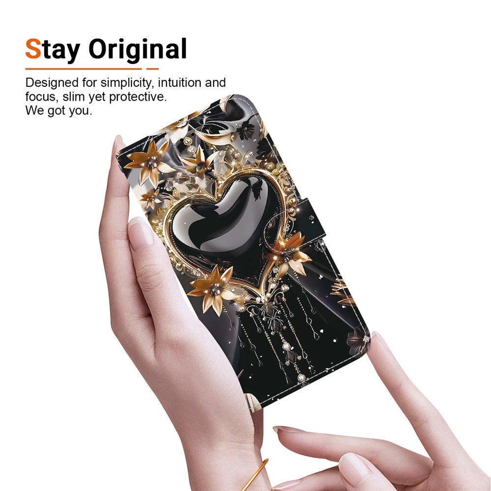 For-Samsung-Galaxy-A17-5G-/-A17-4G-Wallet-Case-Pattern-Printing-Leather-Stand-Phone-Cover-with-Strap-Black-Gold-Heart