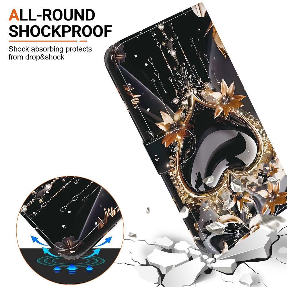 For-Samsung-Galaxy-A17-5G-/-A17-4G-Wallet-Case-Pattern-Printing-Leather-Stand-Phone-Cover-with-Strap-Black-Gold-Heart