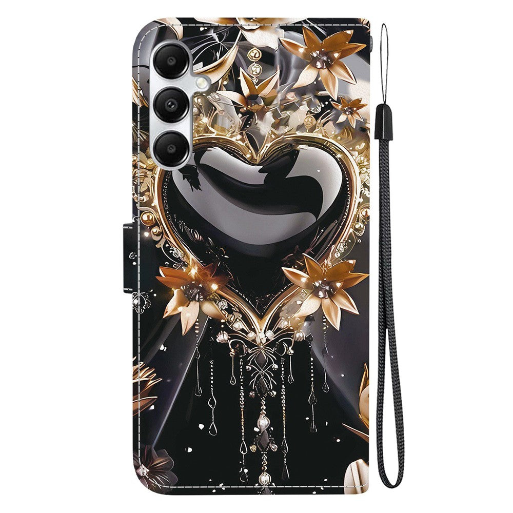 For-Samsung-Galaxy-A17-5G-/-A17-4G-Wallet-Case-Pattern-Printing-Leather-Stand-Phone-Cover-with-Strap-Black-Gold-Heart