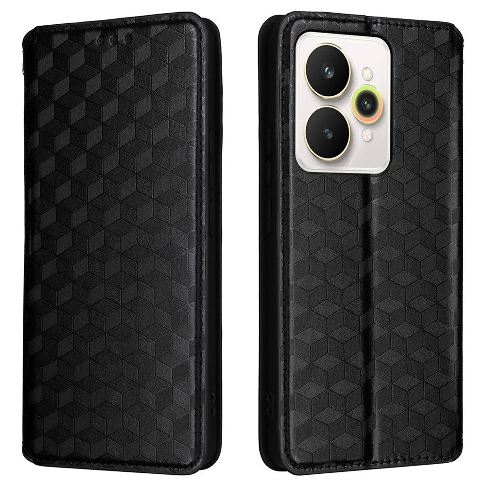 For-Realme-15-Pro-5G-/-15-5G-Case-Wallet-Rhombus-Imprinted-Leather-Phone-Cover-Black