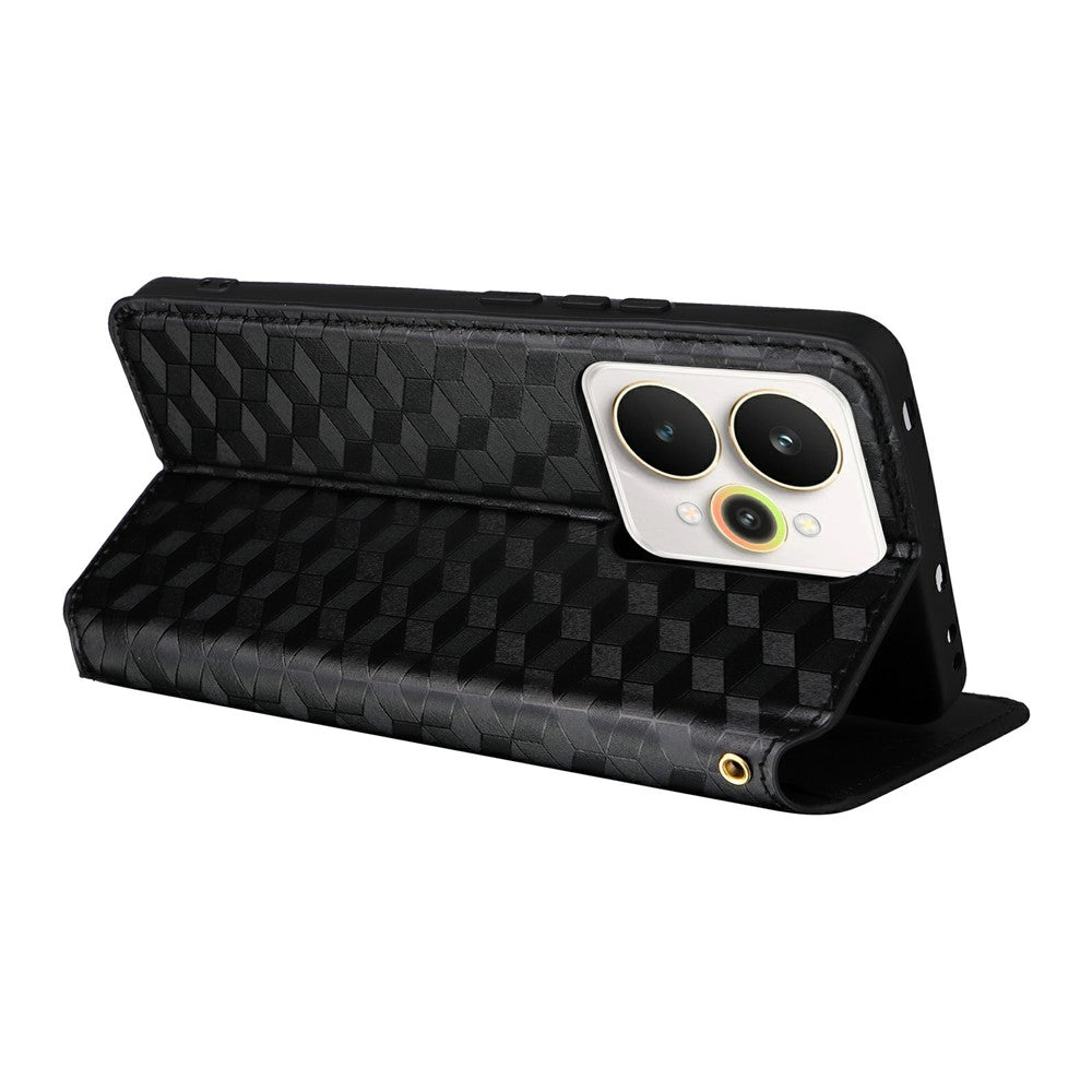 For-Realme-15-Pro-5G-/-15-5G-Case-Wallet-Rhombus-Imprinted-Leather-Phone-Cover-Black