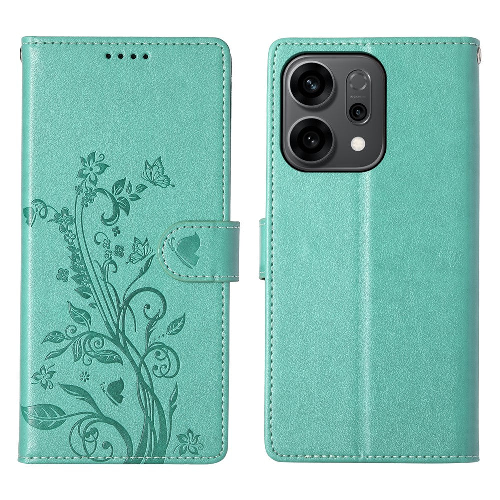 For-Oppo-Reno14-F-5G-Wallet-Case-Butterfly-Floral-Imprint-PU-Leather-Phone-Cover-with-Wrist-Strap-Green