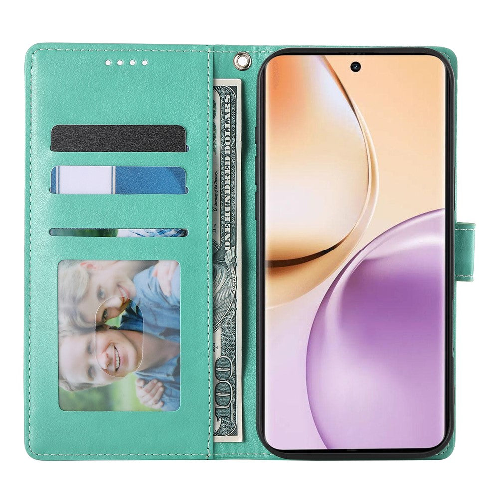 For-Oppo-Reno14-F-5G-Wallet-Case-Butterfly-Floral-Imprint-PU-Leather-Phone-Cover-with-Wrist-Strap-Green