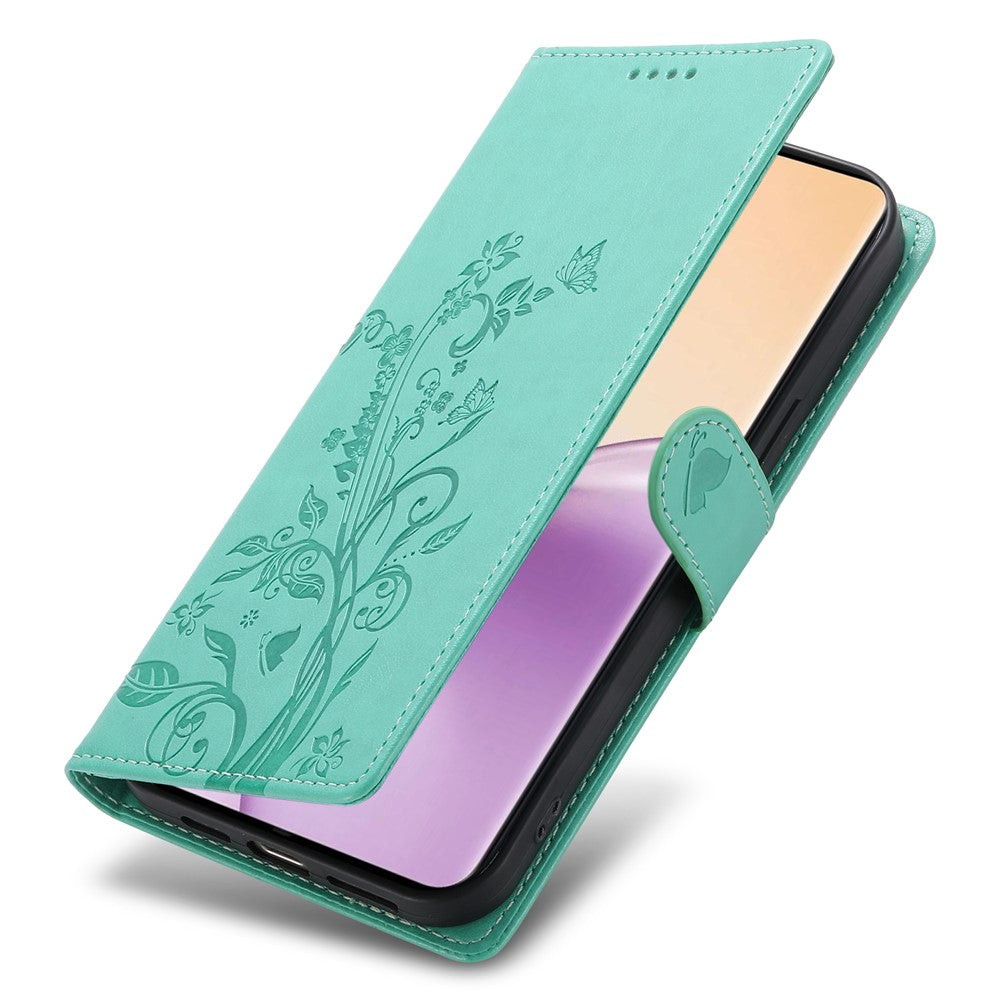 For-Oppo-Reno14-F-5G-Wallet-Case-Butterfly-Floral-Imprint-PU-Leather-Phone-Cover-with-Wrist-Strap-Green