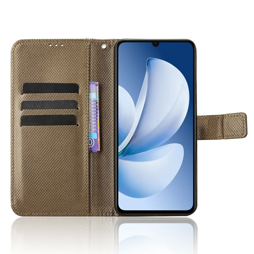Leather-Wallet-Case-for-Realme-Note-70T-4G-/-Narzo-80-Lite-4G-/-Realme-C71-4G-(India)-Diamond-Texture-Phone-Cover-with-Strap-Brown