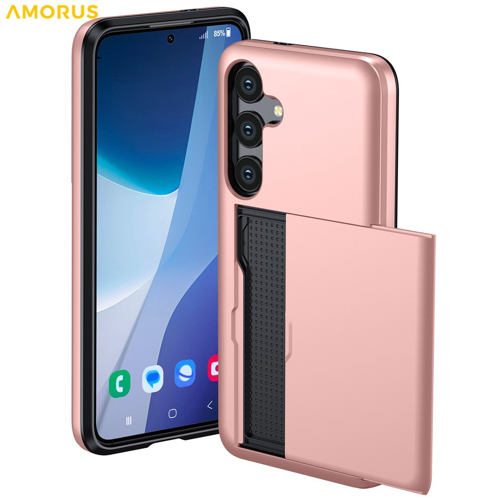 AMORUS-For-Samsung-Galaxy-S25-FE-Case-with-Sliding-Card-Holder-PC-TPU-Phone-Back-Cover-Rose-Gold