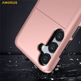 AMORUS-For-Samsung-Galaxy-S25-FE-Case-with-Sliding-Card-Holder-PC-TPU-Phone-Back-Cover-Rose-Gold