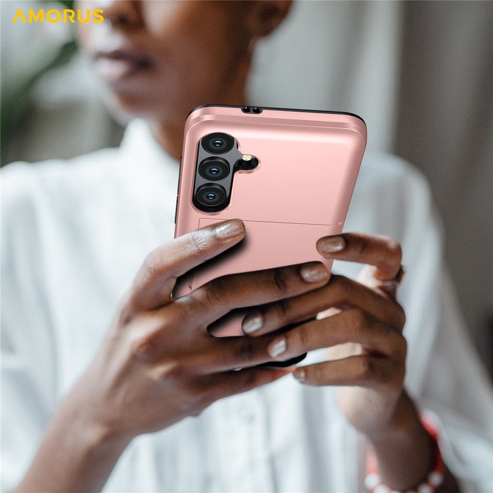 AMORUS-For-Samsung-Galaxy-S25-FE-Case-with-Sliding-Card-Holder-PC-TPU-Phone-Back-Cover-Rose-Gold