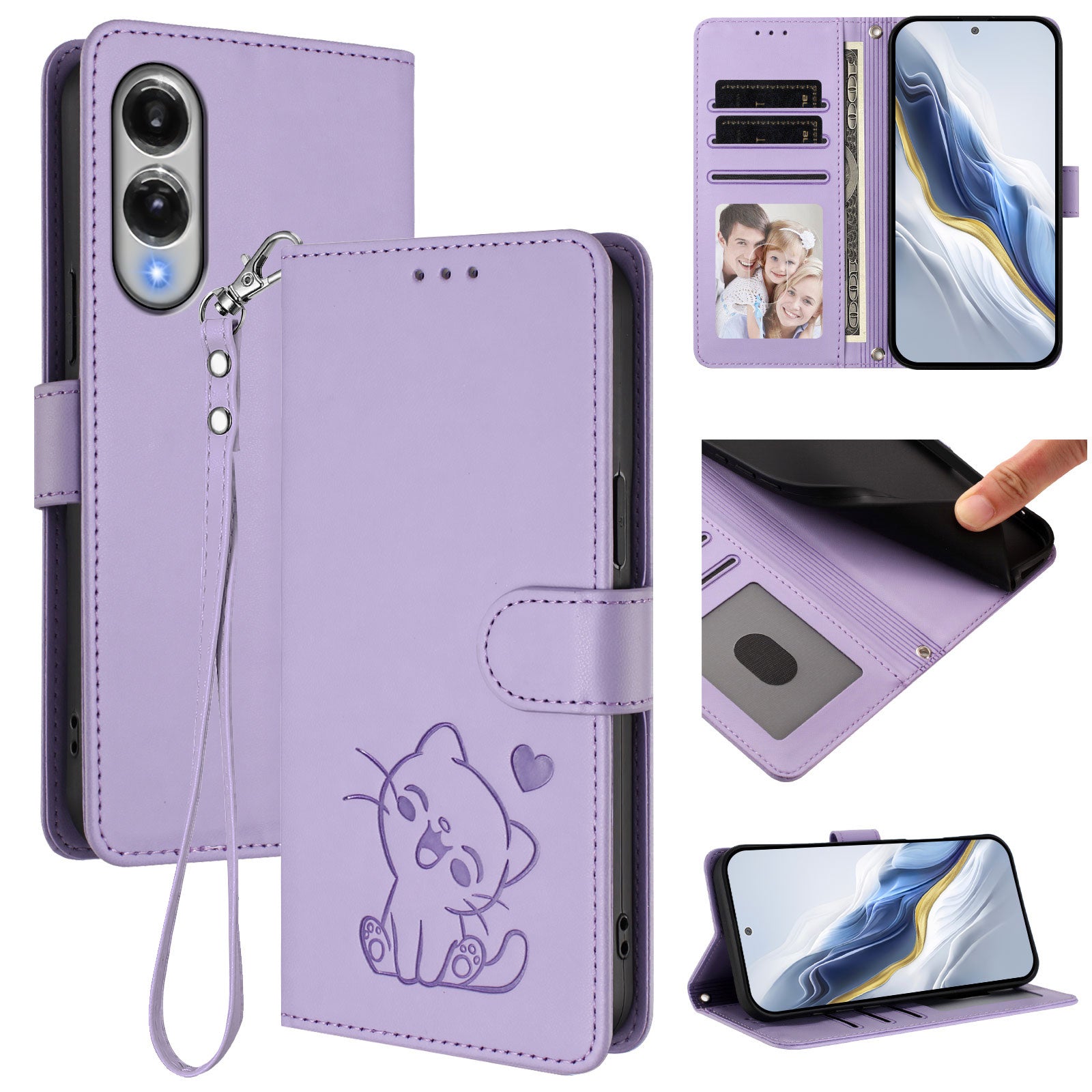 For-Samsung-Galaxy-S25-Edge-Wallet-Case-with-Wrist-Strap-Love-Cat-Pattern-Imprint-Leather-Phone-Cover-Light-Purple