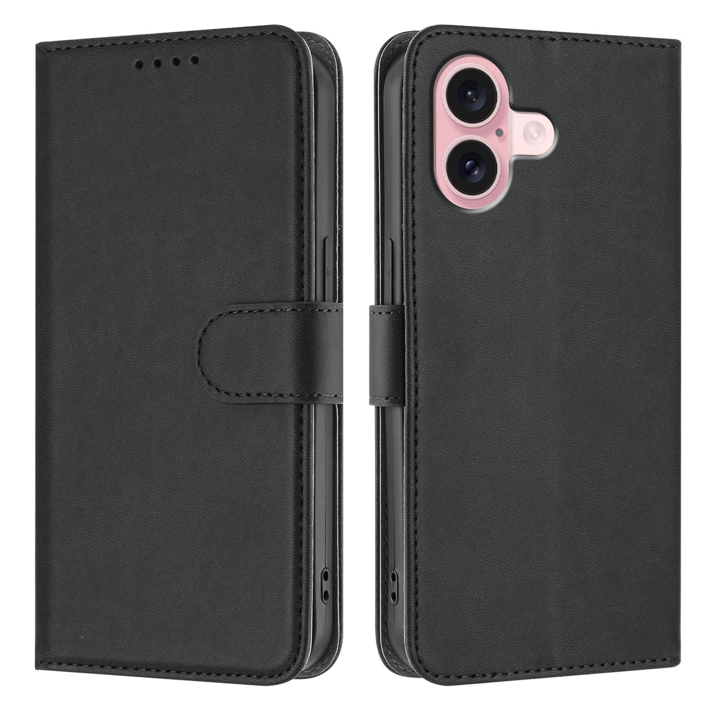 For-iPhone-16-Leather-Case-Solid-Color-Phone-Cover-with-Wallet-Black