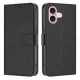 For-iPhone-16-Leather-Case-Solid-Color-Phone-Cover-with-Wallet-Black