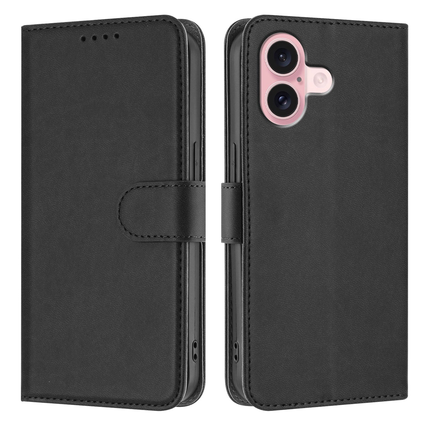For-iPhone-16-Leather-Case-Solid-Color-Phone-Cover-with-Wallet-Black