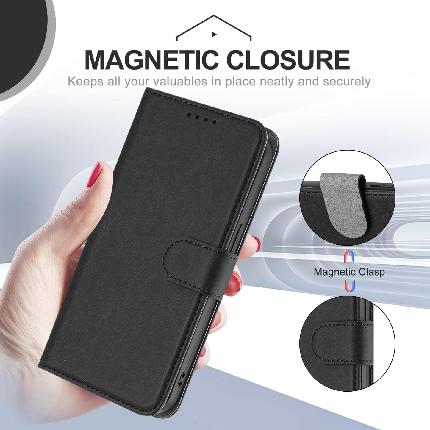 For-iPhone-16-Leather-Case-Solid-Color-Phone-Cover-with-Wallet-Black
