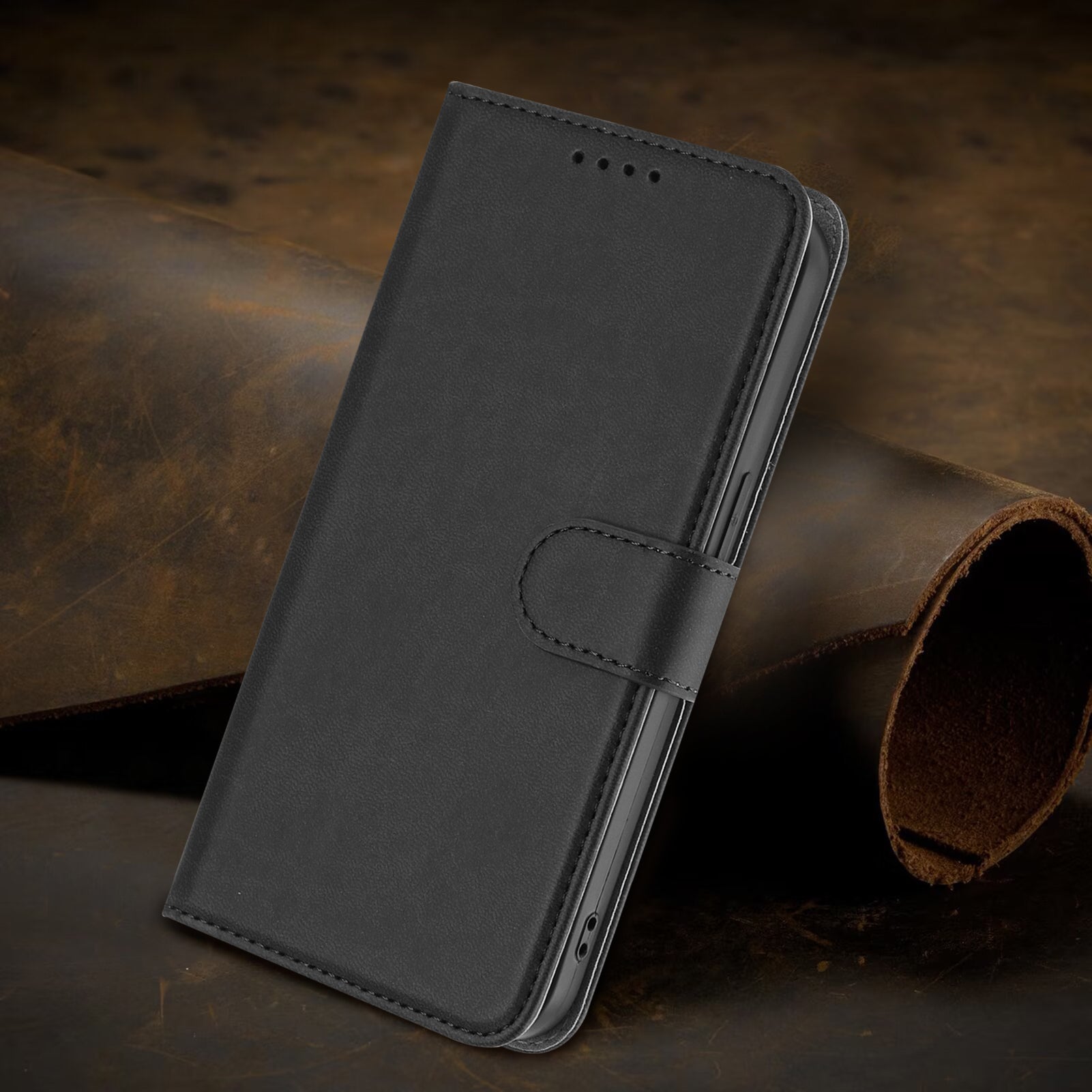For-iPhone-16-Leather-Case-Solid-Color-Phone-Cover-with-Wallet-Black