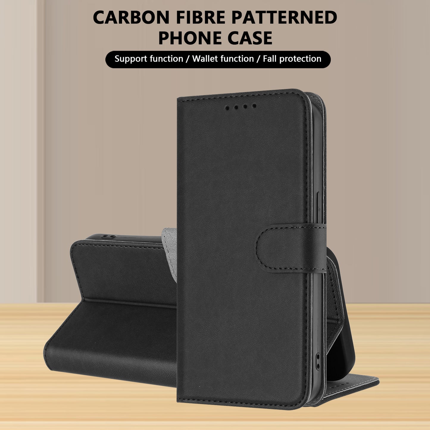 For-iPhone-16-Leather-Case-Solid-Color-Phone-Cover-with-Wallet-Black