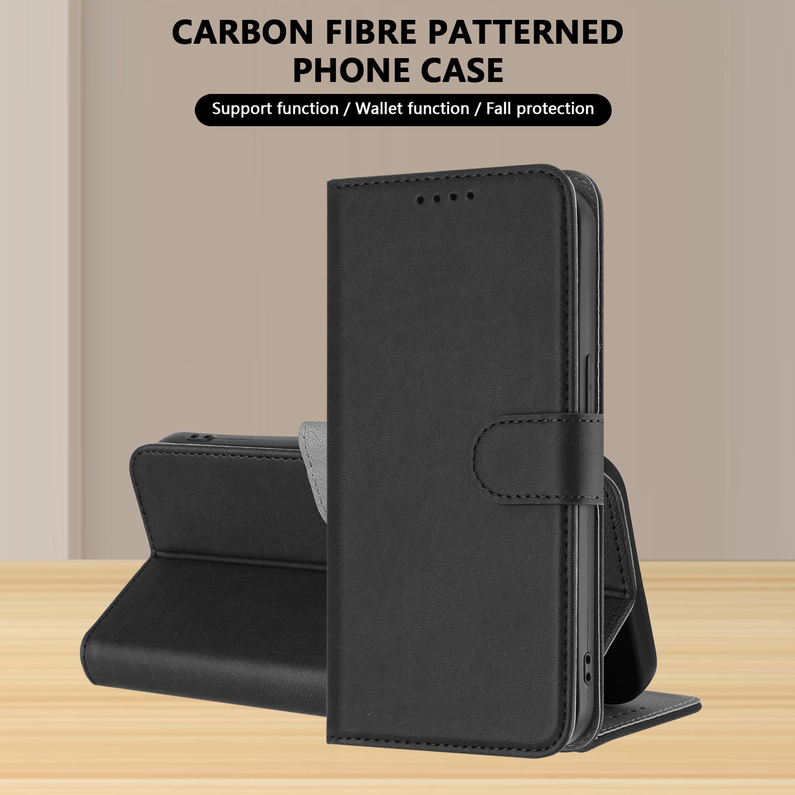 For-iPhone-16-Leather-Case-Solid-Color-Phone-Cover-with-Wallet-Black