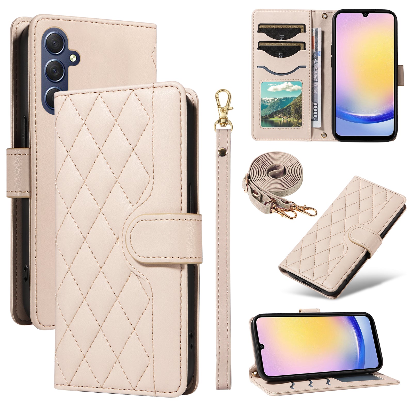 For-Samsung-Galaxy-A25-5G-(Global)-(161mm)-Wallet-Case-Rhombus-Leather-Phone-Cover-with-Strap-Apricot