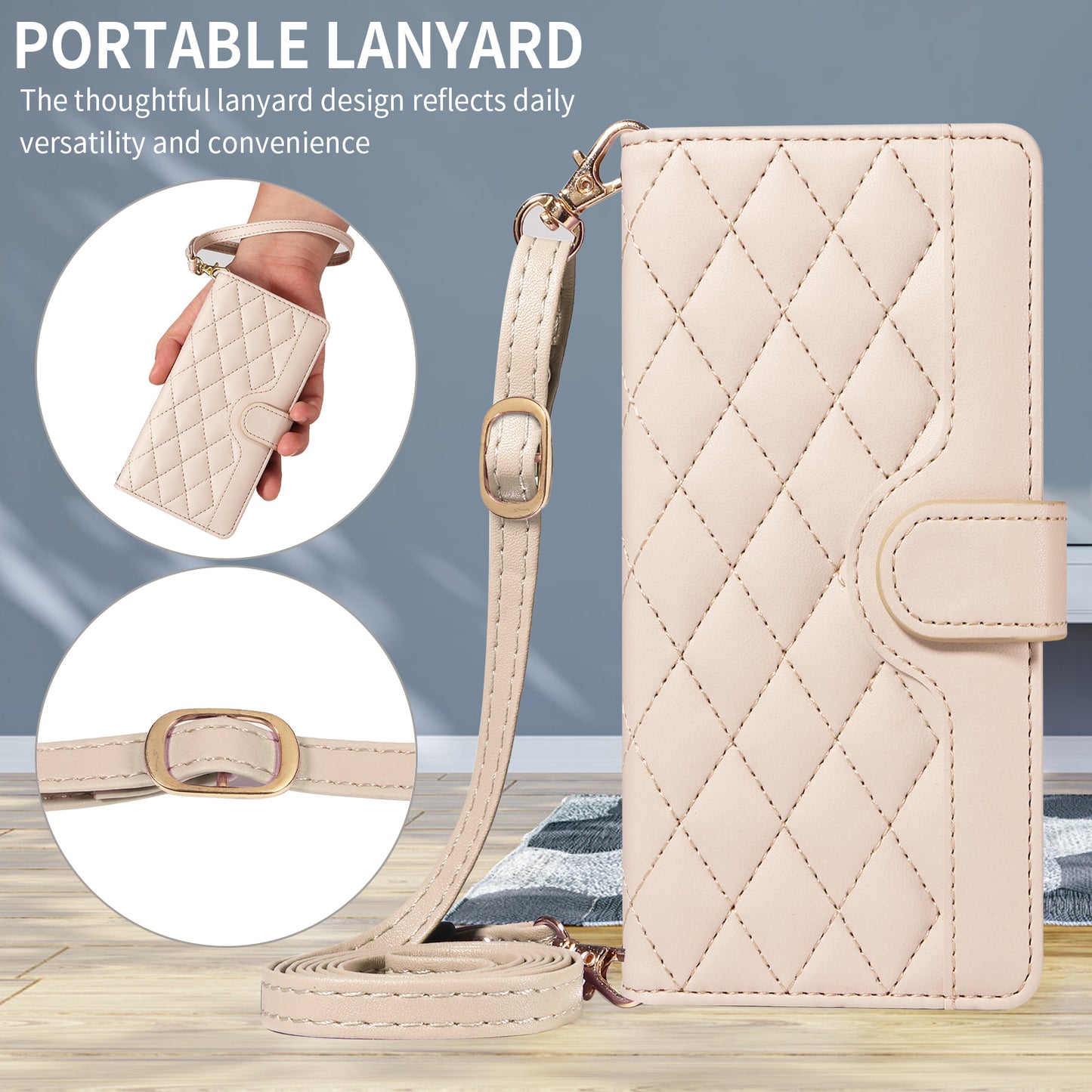 For-Samsung-Galaxy-A25-5G-(Global)-(161mm)-Wallet-Case-Rhombus-Leather-Phone-Cover-with-Strap-Apricot