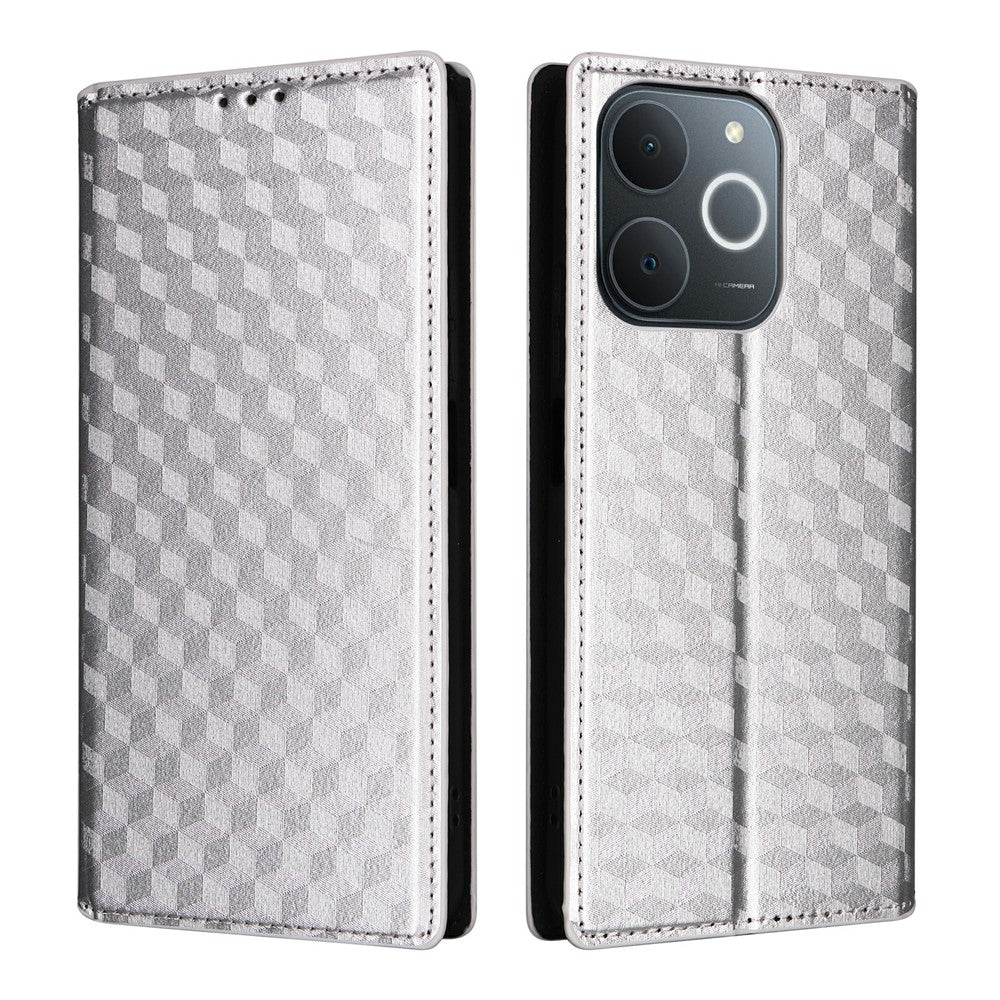 Leather-Case-for-Realme-Note-70T-4G-/-Note-70-4G-/-Narzo-80-Lite-4G-/-Realme-C71-4G-(India)-Wallet-Rhombus-Imprinted-Phone-Cover-Silver
