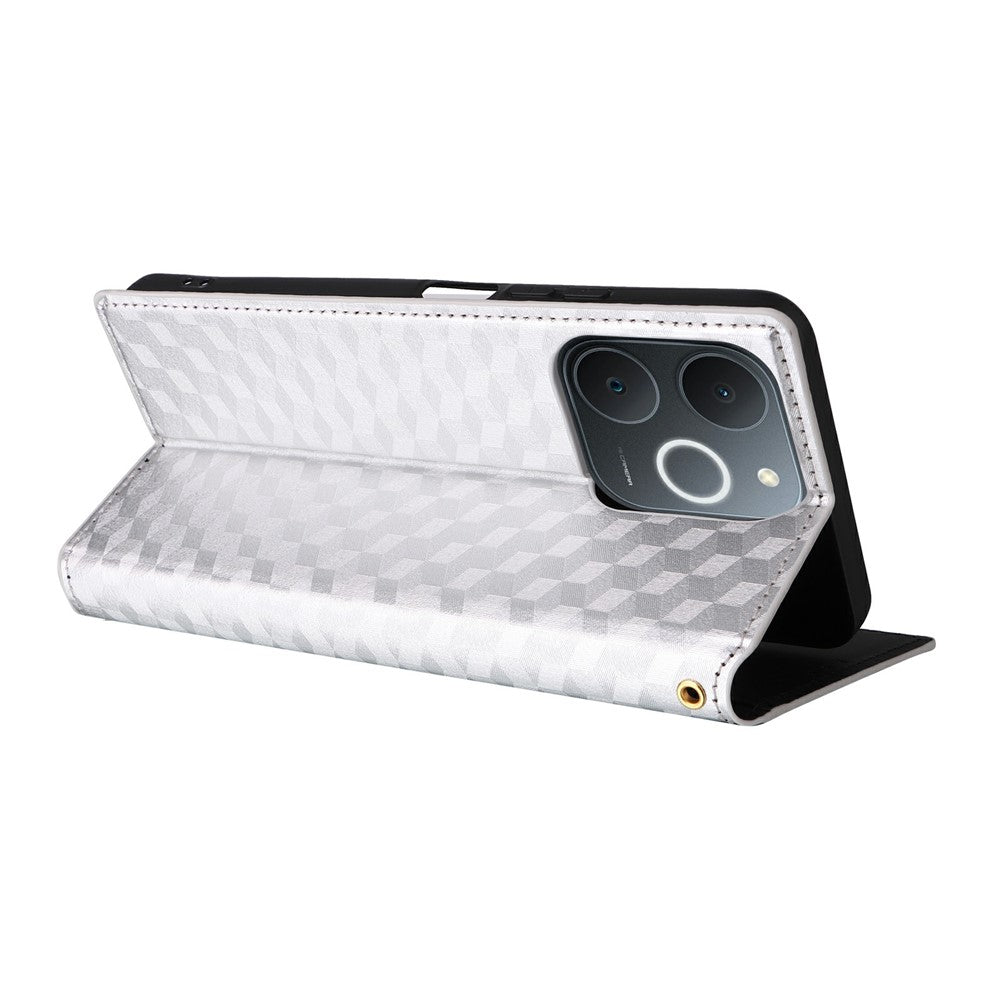 Leather-Case-for-Realme-Note-70T-4G-/-Note-70-4G-/-Narzo-80-Lite-4G-/-Realme-C71-4G-(India)-Wallet-Rhombus-Imprinted-Phone-Cover-Silver