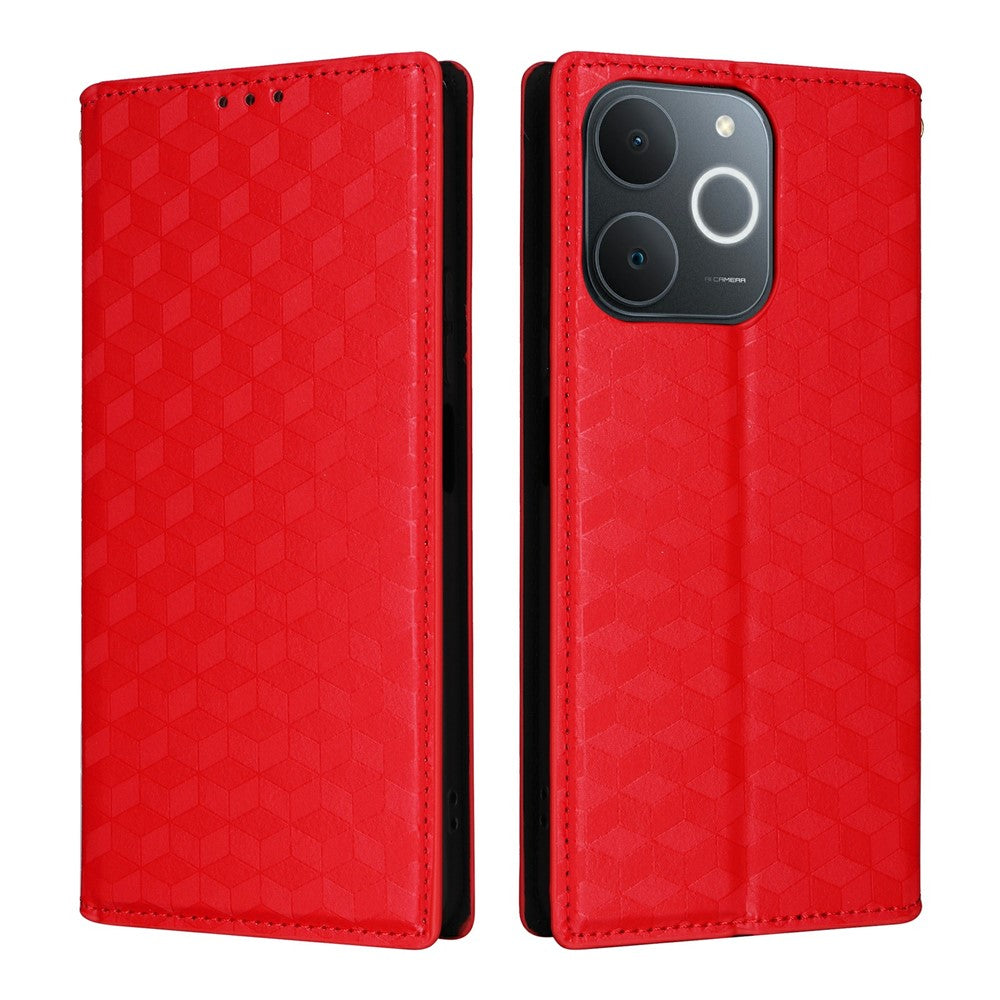 Leather-Case-for-Realme-Note-70T-4G-/-Note-70-4G-/-Narzo-80-Lite-4G-/-Realme-C71-4G-(India)-Wallet-Rhombus-Imprinted-Phone-Cover-Red