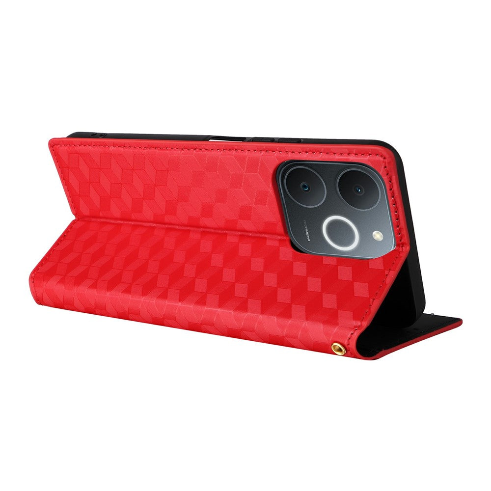 Leather-Case-for-Realme-Note-70T-4G-/-Note-70-4G-/-Narzo-80-Lite-4G-/-Realme-C71-4G-(India)-Wallet-Rhombus-Imprinted-Phone-Cover-Red